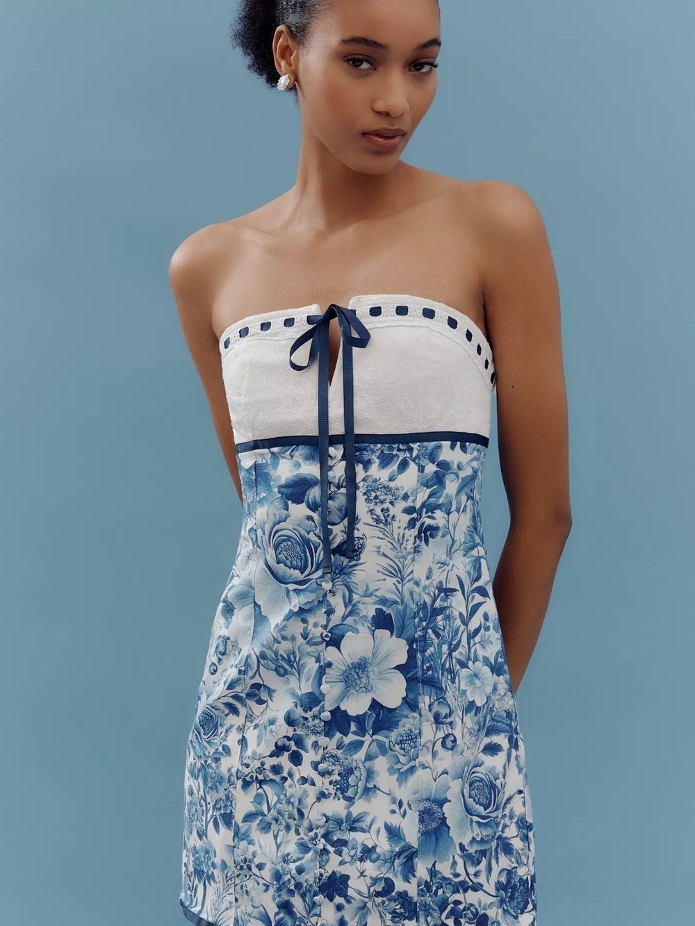 Anthropologie White and Blue Floral Strapless Mini Dress